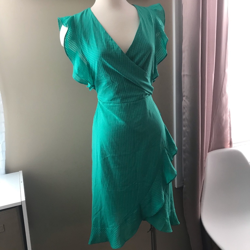 A New Day- Green Ruffle Faux Wrap Dress